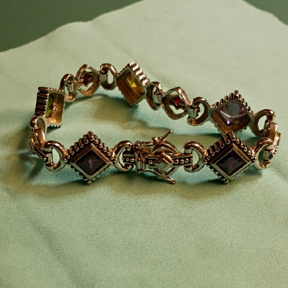 Vintage Silver Tone Metal Multicolored Glass Stones Dbl Clasp Geometric Bracelet
